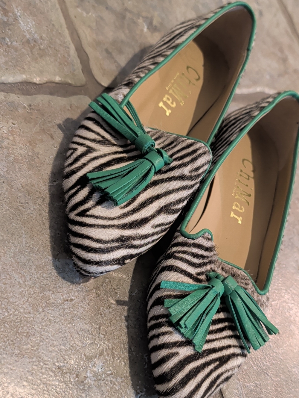 Zebra-Print Pointed Loafers with Green Trim Size 37